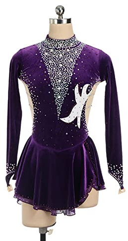 YXWYXWA Mädchen Figuren EIS Skatingkleid, Frauen Erwachsener Samt Stoff funkelnder Strass mit Fingerspitzenschmelzen Body -Ballett -Tanz Tanz Gymnastik, Lila, 3XL