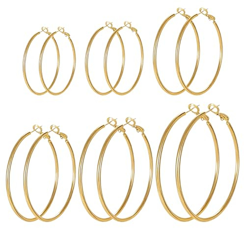 Lot de 6 Paires de Boucles d'Oreilles Créoles en Or, Ensemble de Créoles en Acier Inoxydable pour Femmes et Hommes (30 mm, 40 mm, 50 mm, 60 mm, 70 mm, 80 mm)