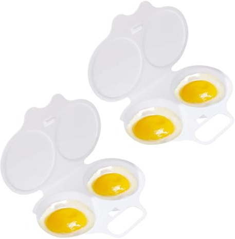 2Pcs White Egg Poacher, 2 Cavity Nonstick Poached Egg Maker With Lid, Double Drain Poached Egg Cups, Egg Poacher Microwave Egg Cooker, Kitchen Cooking Gadgets（13 * 5cm）