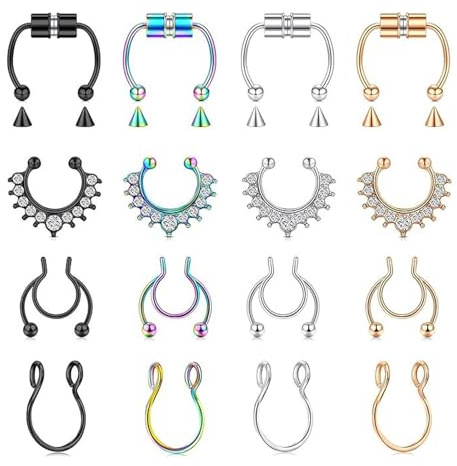 Vauki 16 piercing per naso finto in acciaio inox, anelli a ferro di cavallo, anello finto per naso, oro argento, diverse misure, set di piercing per cartilagine, orecchini a cerchio a ferro di cavallo