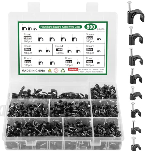 800 Stück Kabelschellen Nagelschellen, Runde/Quadrat Kabel Clips, Kabelschellen Schwarz, Kabelhalter Wand Befestigungen für Netzwerkkabel, 4mm 5mm 6mm 7mm 8mm 10mm