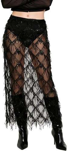 AXX Women's Sequin Fringe Midi Skirt - Sheer Mesh Sparkly Tassel Skirt with Side Slit, Elastic Waist Glitter Party Club (US, Alpha, Small, Regular, Regular, Black)