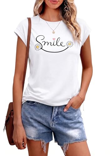 Aottori T Shirt Femme Col Rond Imprimé Smile Marguerite Blanc L