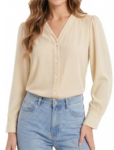 Enmain Womens Long Sleeve V Neck Blouse Ladies Chiffon Smart Shirt | Collarless, Button Up, Regular Fit, Causal Business, Formal Work, Plain Tops, Lightweight