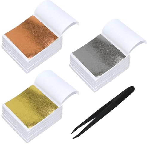 120 Blatt Blattgold,Blattgold Essbar,3 Farben Blattgold-Set,Gold Basteln Zum Blätter für Goldfolie Imitation,Papier Leaf,Acrylmalerei,Foil Goldblatt,Goldpapier für Nägel,Holz,MöBel Dekoration(8.5x8cm)