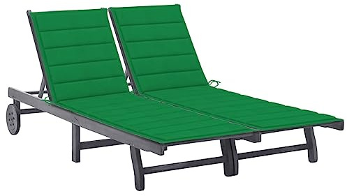 Foknhdi Sdraio da giardino per 2 persone con cuscini, in legno massello di acacia, grigio, sedia a sdraio regolabile con ruote, per giardino, terrazza, piscina, doppio lettino con cuscino, verde