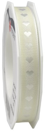 PRÄSENT Herzilein Dekorationsband créme/weiß, 20 m Elegantes Geschenkband zum Verzieren & Basteln, 15 mm Breite, Schleifenband für Hochzeit, Taufe & andere besondere Anlässe