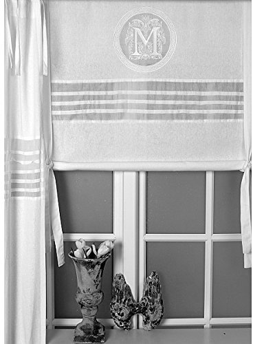 Scheibengardine Raff Gardine Raffrollo Vorhang 'Molly' 120 x 100 cm (BxH) weiß mit aufgesticktem Monogramm Baumwolle Landhaus Shabby French Vintage Retro Antik Nostalgie