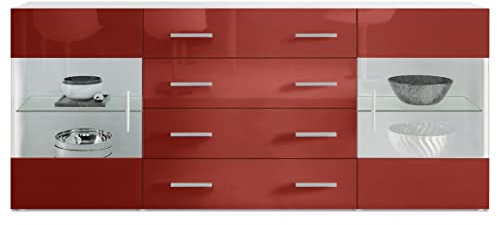 Vladon Buffet Dressoir Bari V2, Corps en Blanc Mat/Façades en Bordeaux Haute Brillance (166 x 72 x 35)