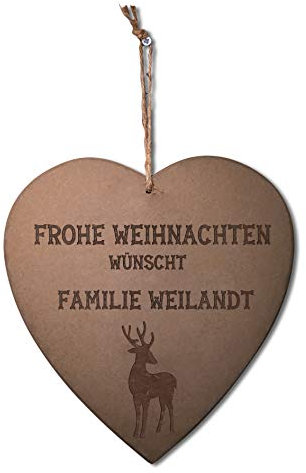 CHRISCK design Türschild/Deko Herz aus Holz mit Kordel für die Haustür zum Aufhängen mit individueller Gravur schöne Geschenkidee zu Weihnachten Frohe Weihnachten Familienschild