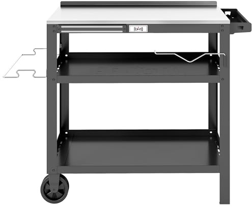 Feasto Grillwagen Outdoor Grilltisch Outdoor Servierwagen Pizzatisch | 90x46x82,5 cm Outdoor Grill Trolley mit Edelstahlplatte, Gewürzregal, Magnetleiste, für Hinterhof, Garten, Terrasse