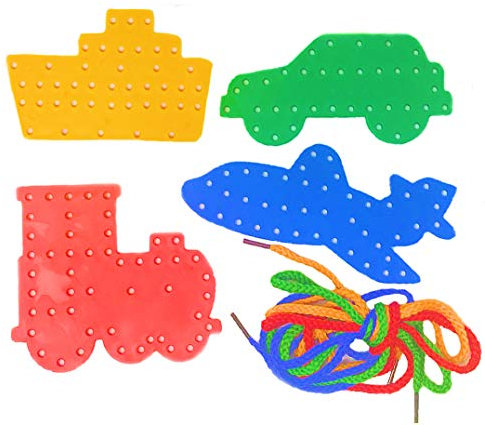 Fine Motor Skills Toys for Toddlers – 4 Transport Lacing Boards with 4 Laces | Plastic Threading Toy Set for Kids, Travel Toy for Car Journeys (Ages 3–5)