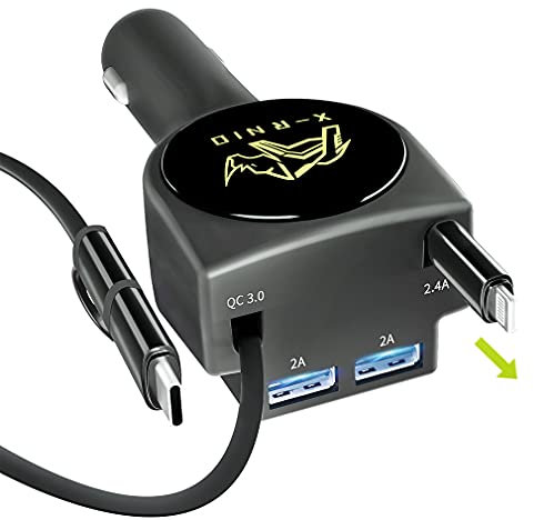 Einziehbares Kfz-Ladegerät, Schnellladung, 3,1 A, 47 W, einziehbare Kabel (91 cm) und 2 USB-Anschlüsse, Kfz-Ladeadapter, kompatibel mit iPhone- und Android-Handys