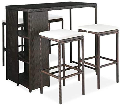 vidaXL Set de Bar para Jardín 5 Piezas y Cojines Mesa Silla Asiento Patio Terraza Barra Bistró Muebles Mobiliario Ratán Sintético Marrón