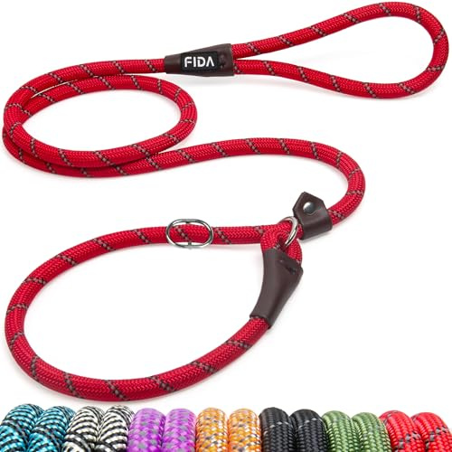 Fida Slip Lead for Dogs | 1.8m, One-Size-Fits-All, Slip-On Rope Leash. Easy to Slip On, No Collar or Harness Needed. Durable & Weather Resistant Climbers Rope with Reflective Stitching (Red)