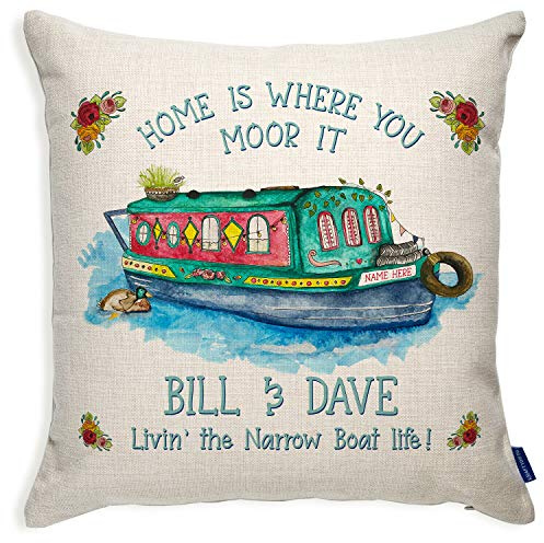KRAFTYGIFTS Personalised Canal Barge Cushion Cover Narrow Boat Pillow House Boat Gift KC202