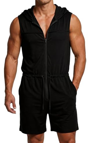 AIEOE Herr body overall ärmlös sparkdräkt smal passform stretchig jumpsuit bomull sommarjumpsuit träningsoverall pyjamas med ficka och huva, svart, S