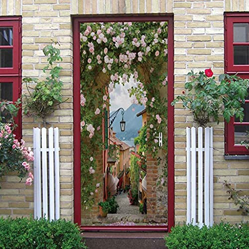 CBWRAW 3D Türaufkleber Weiße Blumenstraße Abnehmbare PVC Selbstklebende wasserdichte Wandbild Art Decals Poster Tapete Für Wohnzimmer Küche Schlafzimmer Kinderzimmer Dekoration 77x200cm