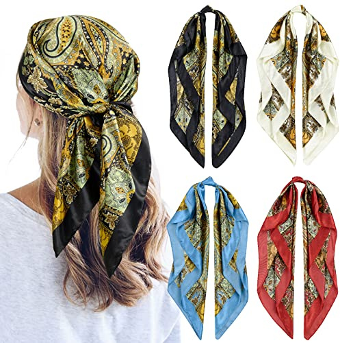 QBSM 4 Pcs 35'' Satin Seidentuch – Großes Quadratisches Kopftuch für Frauen, Seidenschal für Haar, Schlaf & Hals (90x90cm)