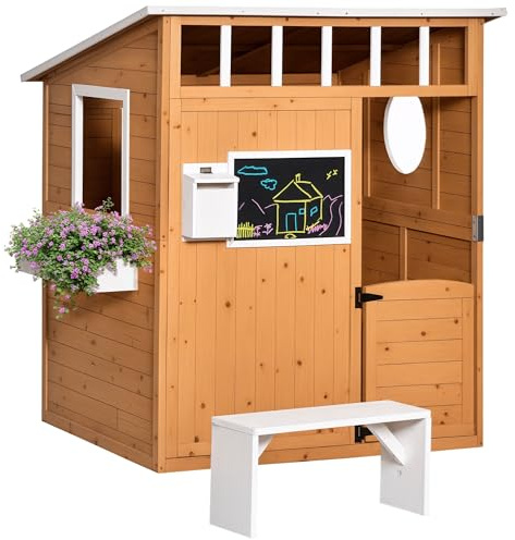 Outsunny Wooden Playhouse for Kids Outdoor with Working Door, Windows, Mailbox, Bench, Flowers Pot Holder, 48 x 42.5 x 53, Yellow