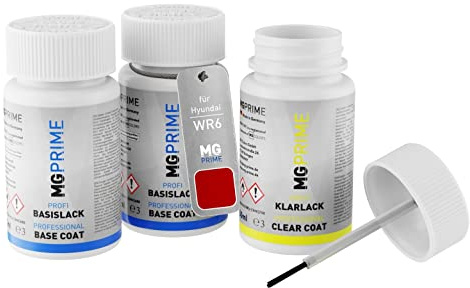 MG PRIME Autolack Lackstifte für Hyundai WR6 Sunset Red Metallic + Klarlack | Set aus Grundlack + Basislack + Klarlack, Lackfläschchen mit Pinsel, je 50ml