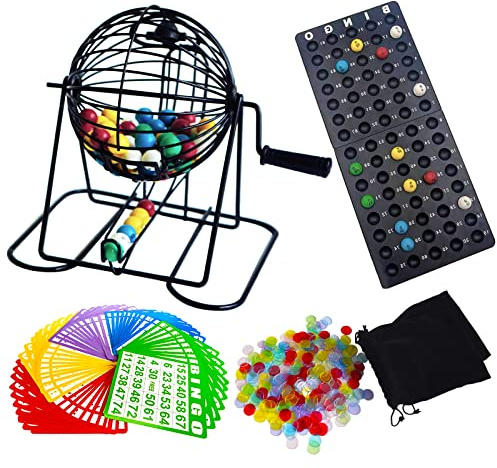 Yuanhe Deluxe Bingo Game Set - Gabbia rotonda in metallo, 75 palline colorate, 50 carte da bingo, 300 chip misti e tavola principale per grandi gruppi, feste
