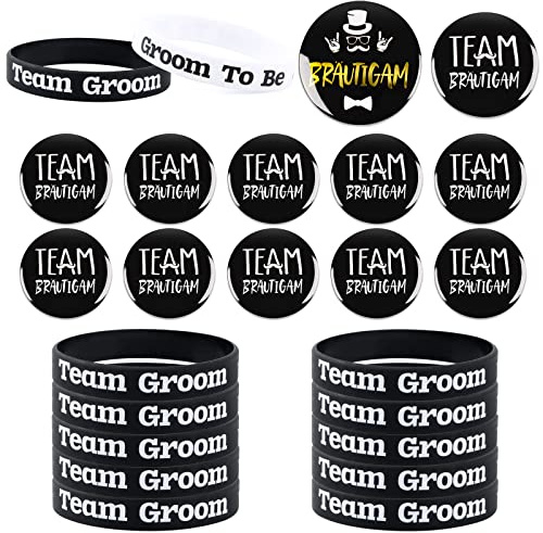 MOSNOW 24Pcs JGA Deko Männer Bräutigam Button, Männer Armbänder, 1 Groom mit 11 Team Groom Junggesellenabschied JGA Accessoires Abzeichen Mitgebsel Partyzubehör Schwarz