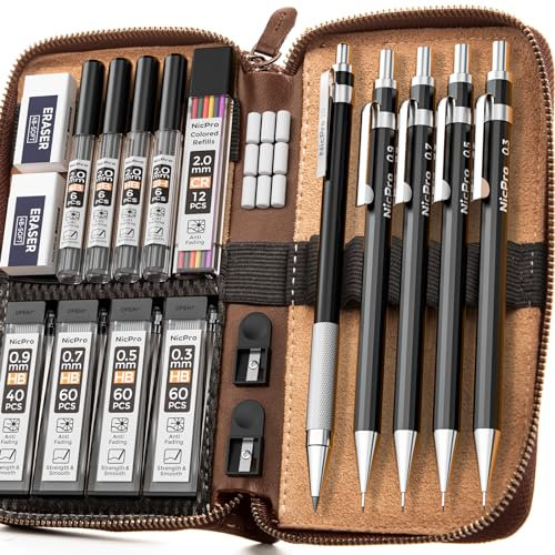Nicpro 20 Stück Metall Druckbleistift Set in Ledertasche, 0,3, 0,5, 0,7, 0,9 mm und 2 mm Bleistiftminen(4B 2B HB 2H)(Schwarz und Farben), Druckbleistifte für Schüler, Schreiben, Zeichnen, Skizzieren