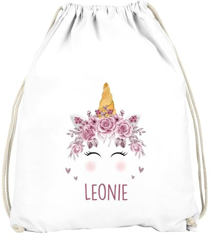SpecialMe® Kinder Turnbeutel mit Name Bär, Fuchs, Einhorn Tiermotive personalisierte Geschenke Mädchen Jungen Weiss unisize
