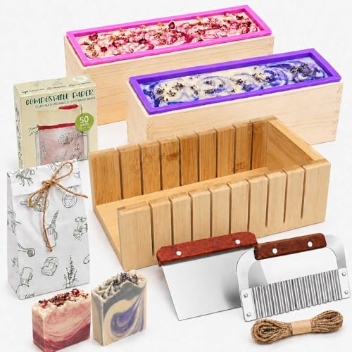 Seifenformen-Set mit Holzschneider, Seifenformen, Silikon, 1.3 l, Violett, zum Schmelzen und Ausgießen oder Kaltprozess, 50 Stück Seifenverpackung, Papiertüten, Edelstahlschneider, Hausfrau, Seife