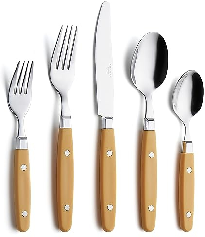 ANNOVA Retro/Rivet Buntes Edelstahl-Geschirr Küchenbesteck-Set, enthält Tischmesser, Gabeln, Löffel, Salatgabeln und Dessertlöffel (Ingwergelb, 20 Stück)