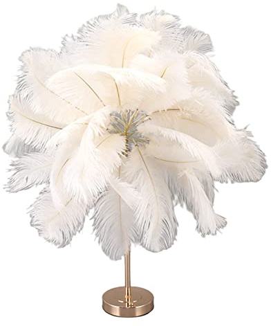 Fockety Feder-Tischlampe, Touch-Schalter, Dimmbare Moderne Straußenfeder-Lampe mit 3 Farbtemperatur und USB-Anschluss, Elegante Romantische Dekorative Nachttischlampe für Schlafzimmer (Weiss)
