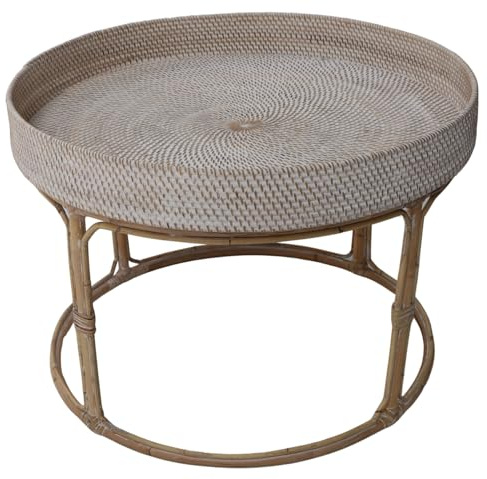 GURU SHOP flätat runt soffbord, sidobord, soffbord av rattan – vitt, balsaträ, storlek: D 70 cm H 50 cm, 50 x 60 x 60 cm, soffbord och golvbord