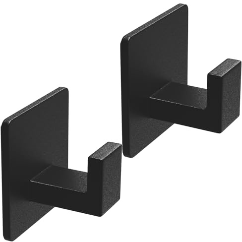 VAEHOLD Adhesive Towel Hooks, Heavy Duty Wall Hooks Aluminum Black Hooks for Hanging Coat, Hat, Towel, Robe, Clothes, Shower Hook for Door, Office, Kitchen, Bathroom - 2 Pack (Black)