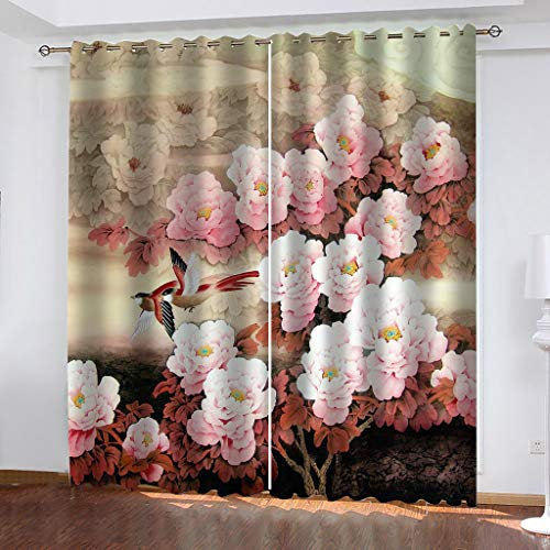 MAYNUO Blickdichte Vorhänge Mit Motiv 3D Rosa Pfingstrose Blume Kinder Gardinen Blickdicht Ösen Gardine Thermo 264x214 cm Schlafzimmer Kinderzimmer Vorhänge Dekoratives Muster, Verdunklungsvorhänge