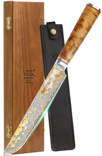 YOUSUNLONG Couteau Sakimaru 200mm - Couteau à Sushi Japonais - Couteaux à Découper en Cuivre Damassé - Couteau à Saumon Ultra Tranchant - Manche en Bois de Ronce Naturel avec Cuir