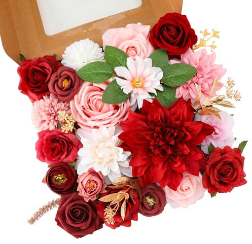 Floweroyal Künstliche Blumen Combo Rote Blumen Mix Seidenblumen Dahlie Rosen mit Stielen für DIY Hochzeit Brautsträuße Babyparty Blumenarrangement Tischaufsätze Heimdekorationen