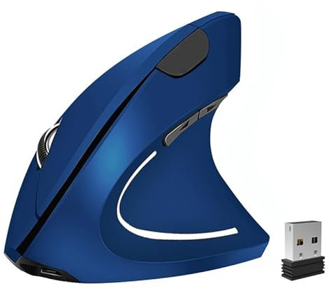 Souris ergonomique verticale sans fil 2,4 GHz, rechargeable, optique haute précision, réglable 800/1200/1600 DPI, pour ordinateur portable, etc., bleue, spécialement conçue pour les droitiers