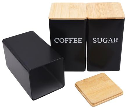 Toolzia Tea Coffee Sugar Canisters,3 Pack Tea Sugar Coffee Canister Set With Bamboo Lids Kitchen Storage Easy To Open Airtight Food Storage Tin (Black)