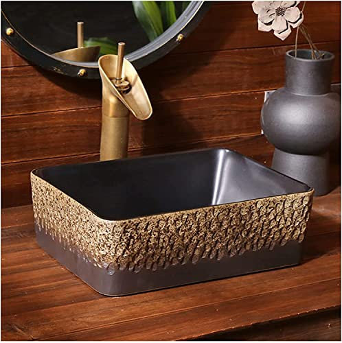 Lavabo da Appoggio in Ceramica Lavandino da bagno rettangolare Lavandino da bagno in finta pietra Lavandino da bagno Art Vessel Lavabo fatto a mano in ceramica retrò, 15,1 x 11,2 x 4,9 pollici, bacin