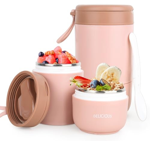 XCRPRT Taza térmica de 730 ml para llevar a prueba de fugas, taza de cereales con cuchara, vaso térmico de gachas de acero inoxidable, fiambrera térmica para el trabajo, picnic (rosa)