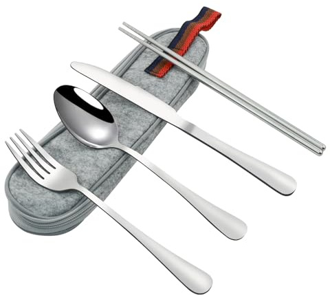 VANRA Portable Travel Utensils Set with Case 4-Piece Stainless Steel Camping Cutlery Set Reusable Silverware Set for Work Fork Spoon Knife Chopstick for Lunch Box School Picnic (Silver)