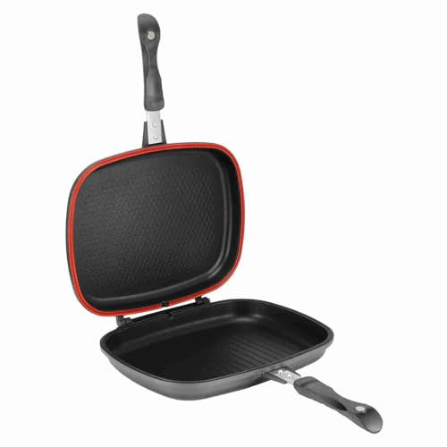 BSTCAR Sartén de Aluminio con Parrilla de Doble Cara, Sartén Cuadrada de 32cm para Carne, Tocino, Pescado, Pan, Huevos y Tortitas