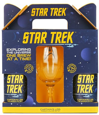 Star Trek Captains Log IPA Gift Set. 2 x 330ml cans of Beer, 4.2% ABV, and Branded Chalice Glass. Gift for Star Trek Fans on Birthdays, Christmas or Father's Day. By Blue Tree Gifts.