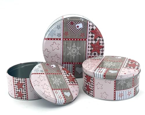 heimtexland ® 3er Set Gebäckdosen Keksdose Vorratsdose Weihnachten Plätzchen Geschenkbox Lebensmittel Metalldosen Typ658 Patchwork rosa