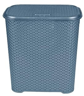 CHPL 45L Litre Small Laundry Basket With Lid Plastic Rattan Style Knit Design Laundry Hampers Washing Baskets Bin with Handles Dirty Linen Clothes Basket Bin for Bathroom Bedroom - (Blue)