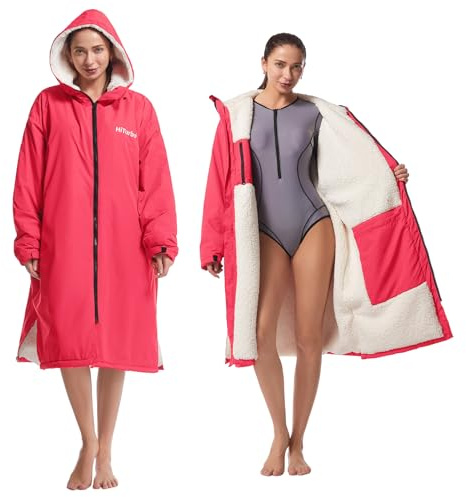 Hiturbo Warm Waterproof Swim Parka: Oversized Hooded Changing Robe - Sherpa Liner Swimming Coat - Recycled Fabric Surf Poncho (Pink)