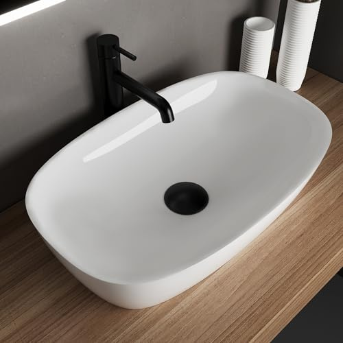 Alpenberger Aufsatzwaschbecken Eckig Oval | Kleines Waschbecken Gäste WC | Badezimmer Waschbecken Aufsatzbecken 60 cm | Waschschüssel Waschschale mit Nano Keramik Versiegelung