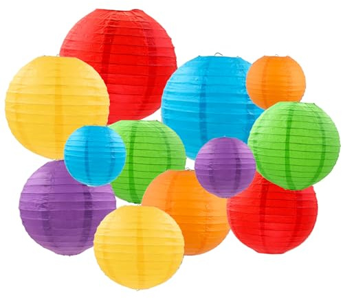 ZYOOO 12 Stück Bunt Papierlaterne Lampion Regenbogen rund Lampenschirm (25cm, 20cm，15cm,10cm) Lampions Hochzeit,Deko Gartenparty,Bride to Be Deko,Faschingsdeko,Karnevalsdeko