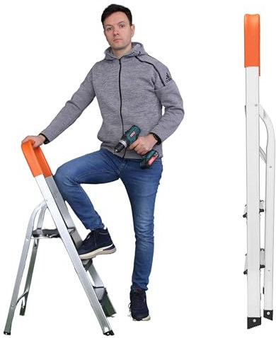 3 Step Ladder - Portable Folding Aluminium Ladders 41.34'' (105cm) High - Small Step Ladder with Safety Handrail & Anti-slip Planform - For Home, Office & DIY Projects - 150kg/330lbs Capacity